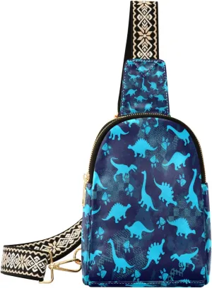 Small Sling Bag Waist Packs Leather Crossbody Packs Chest Bag Blue Grunge Dinosaurs for Women Travel Belt Purse