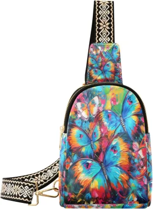 Small Sling Bag Waist Packs Leather Crossbody Packs Chest Bag Colorful Butterfly for Women Travel Belt Purse