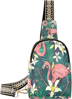 Small Sling Bag Waist Packs Leather Crossbody Packs Chest Bag Flower Flamingos for Women Travel Belt Purse