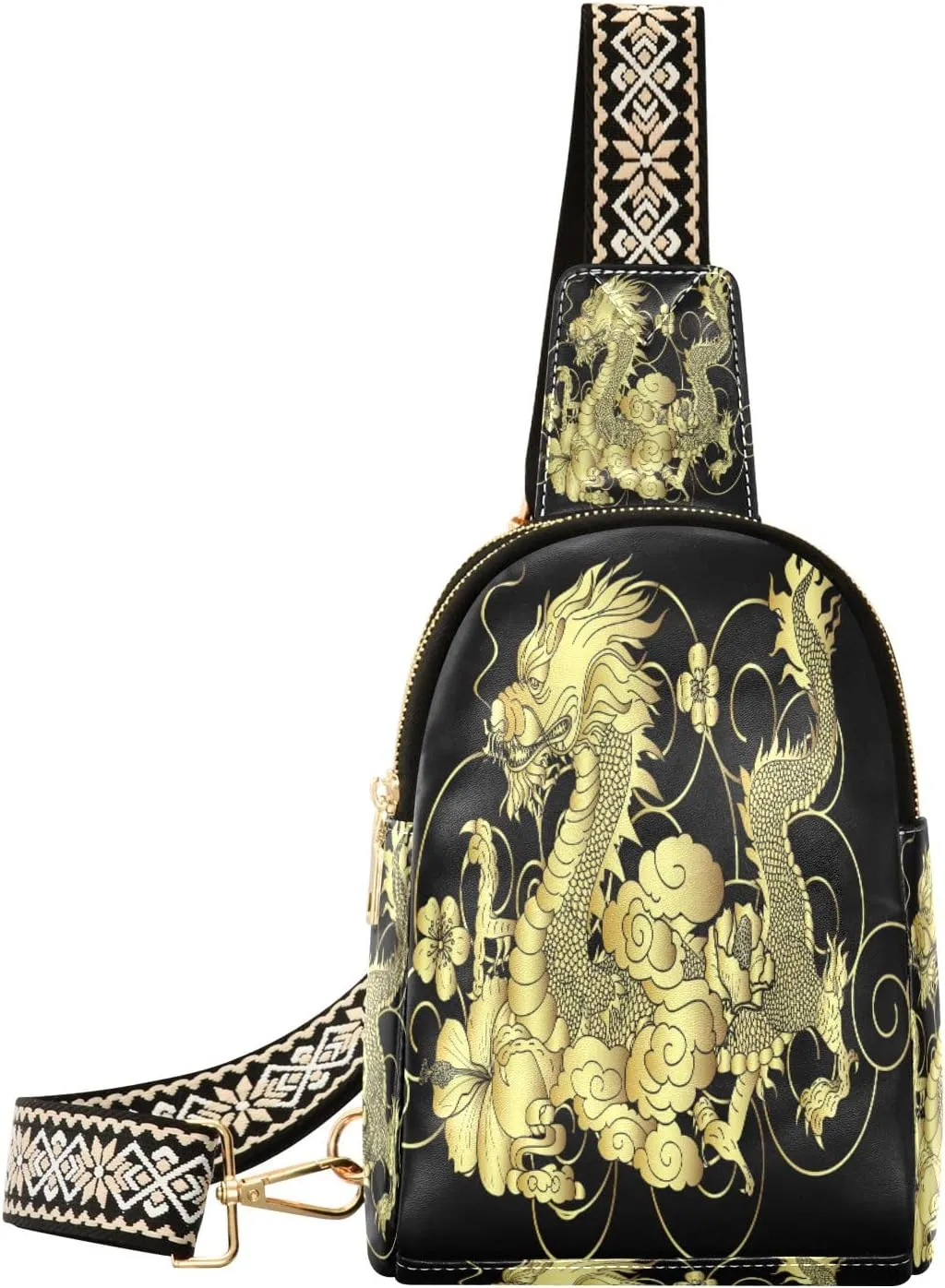 Small Sling Bag Waist Packs Leather Crossbody Packs Chest Bag Gold Japanese Dragon for Women Travel Belt Purse