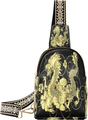 Small Sling Bag Waist Packs Leather Crossbody Packs Chest Bag Gold Japanese Dragon for Women Travel Belt Purse