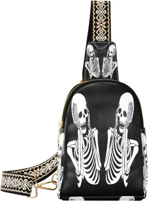 Small Sling Bag Waist Packs Leather Crossbody Packs Chest Bag Skull Funny Skeleton Black for Women Travel Belt Purse