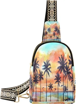 Small Sling Bag Waist Packs Leather Crossbody Packs Chest Bag Watercolor Tropical Landscape for Women Travel Belt Purse
