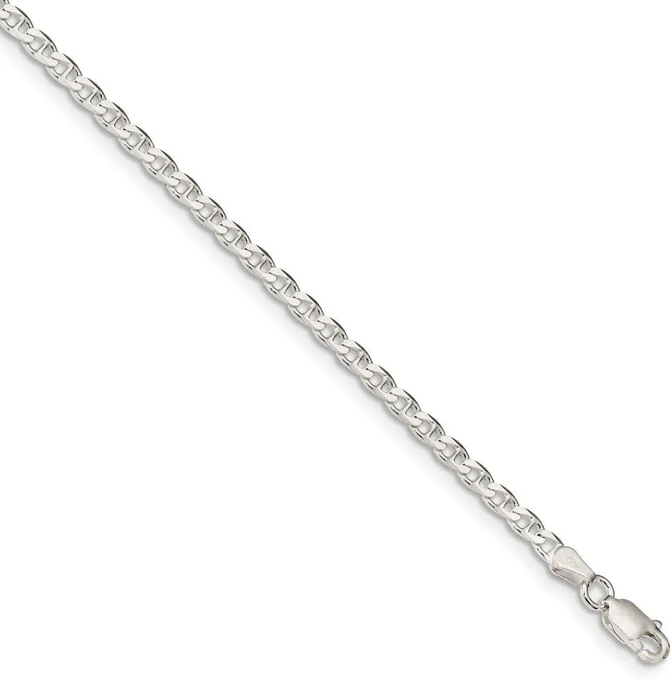 Solid 925 Sterling Silver 3.15mm Flat Anchor Mariner Chain Necklace - with Secure Lobster Lock Clasp