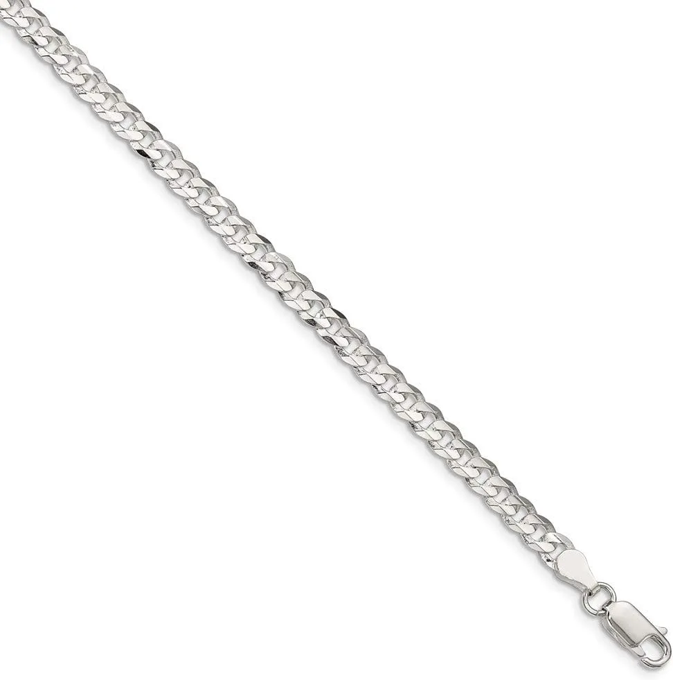 Solid 925 Sterling Silver 4.5mm Concave Beveled Curb Cuban Chain Necklace - with Secure Lobster Lock Clasp