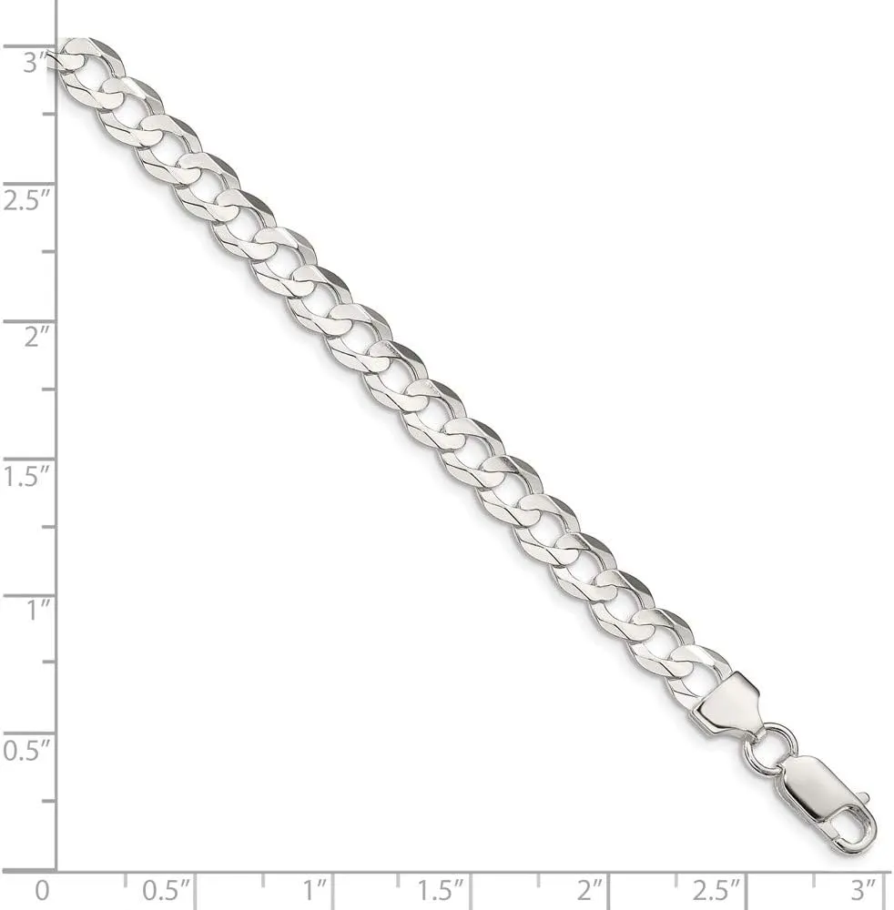 Solid 925 Sterling Silver 6.75mm Concave Beveled Curb Cuban Chain Necklace - with Secure Lobster Lock Clasp