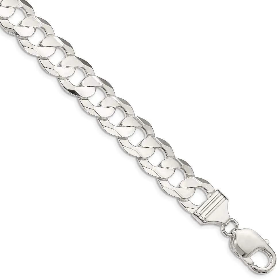 Solid 925 Sterling Silver Men's 11.9mm Concave Beveled Curb Cuban Chain Necklace - with Secure Lobster Lock Clasp