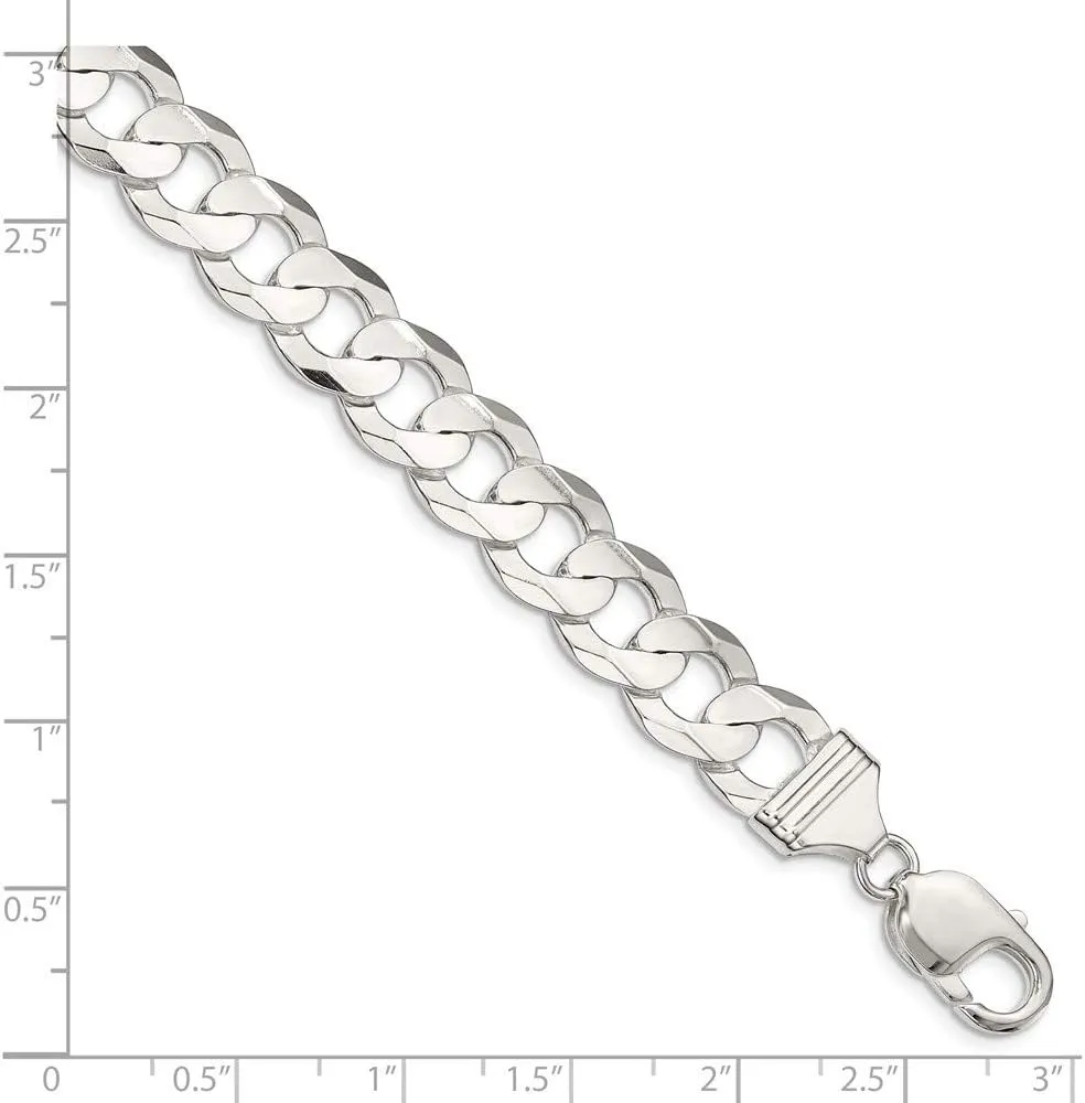 Solid 925 Sterling Silver Men's 11.9mm Concave Beveled Curb Cuban Chain Necklace - with Secure Lobster Lock Clasp