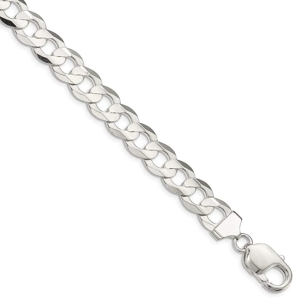 Solid 925 Sterling Silver Men's 9.75mm Concave Beveled Curb Cuban Chain Necklace - with Secure Lobster Lock Clasp
