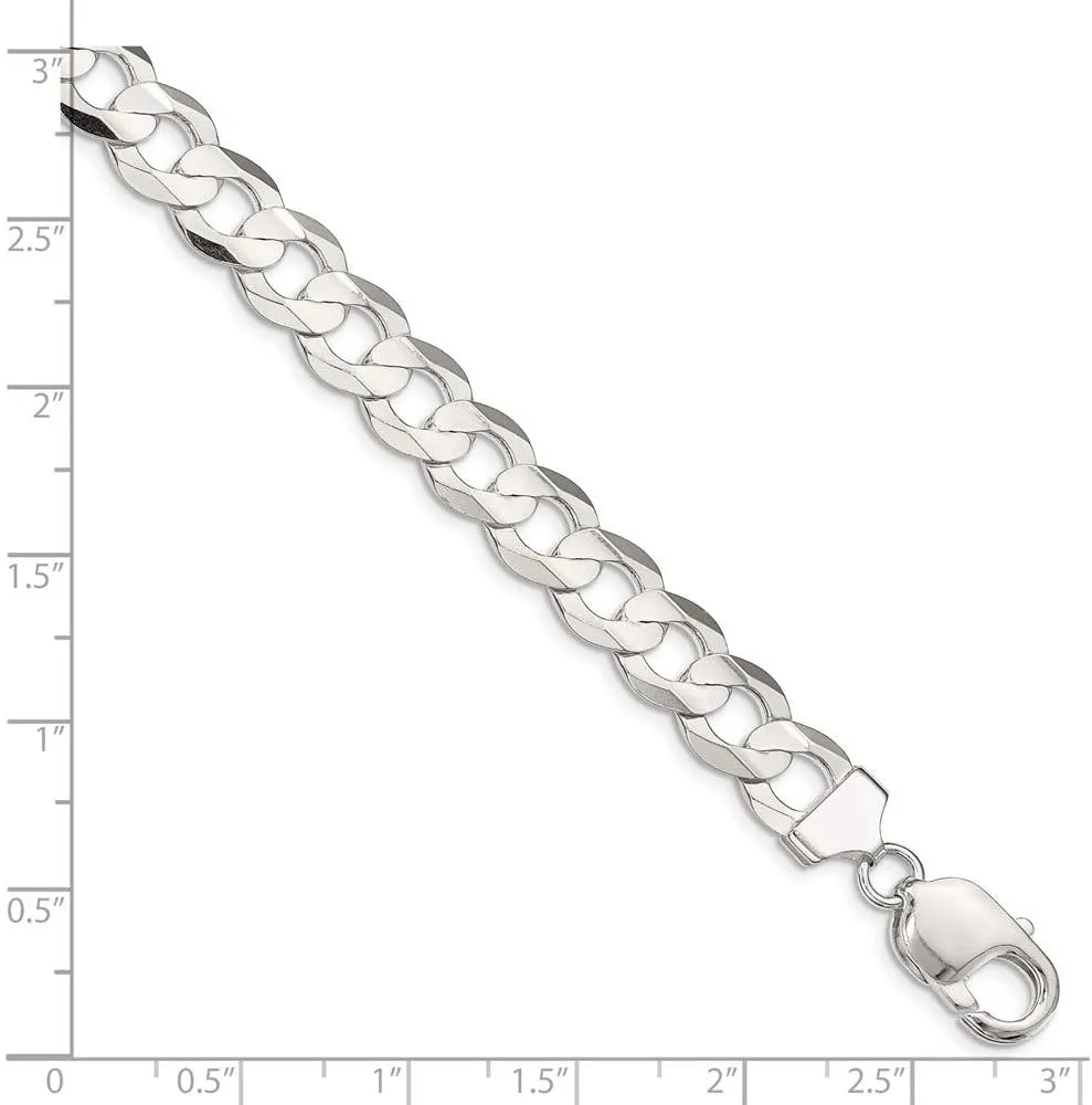 Solid 925 Sterling Silver Men's 9.75mm Concave Beveled Curb Cuban Chain Necklace - with Secure Lobster Lock Clasp
