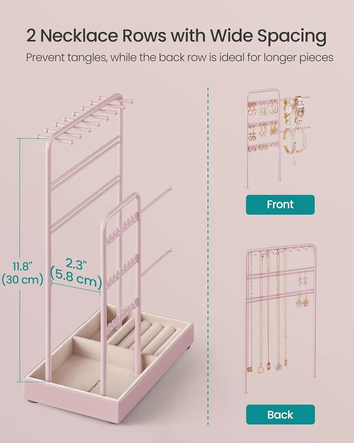 SONGMICS Jewelry Holder, Jewelry Organizer, Jewelry Display Stand with Metal Frame, Velvet Tray, Necklace Earring Bracelet Holder, for Studs, Rings, Gift Idea, Jelly Pink UJJS021R01