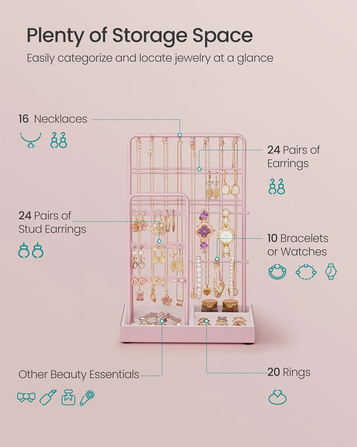 SONGMICS Jewelry Holder, Jewelry Organizer, Jewelry Display Stand with Metal Frame, Velvet Tray, Necklace Earring Bracelet Holder, for Studs, Rings, Gift Idea, Jelly Pink UJJS021R01