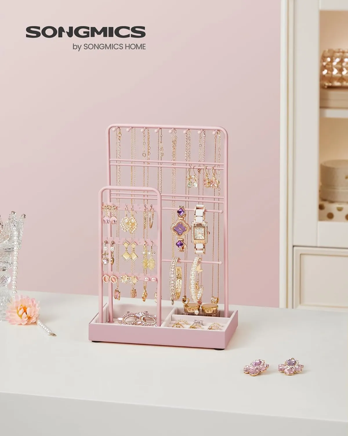 SONGMICS Jewelry Holder, Jewelry Organizer, Jewelry Display Stand with Metal Frame, Velvet Tray, Necklace Earring Bracelet Holder, for Studs, Rings, Gift Idea, Jelly Pink UJJS021R01