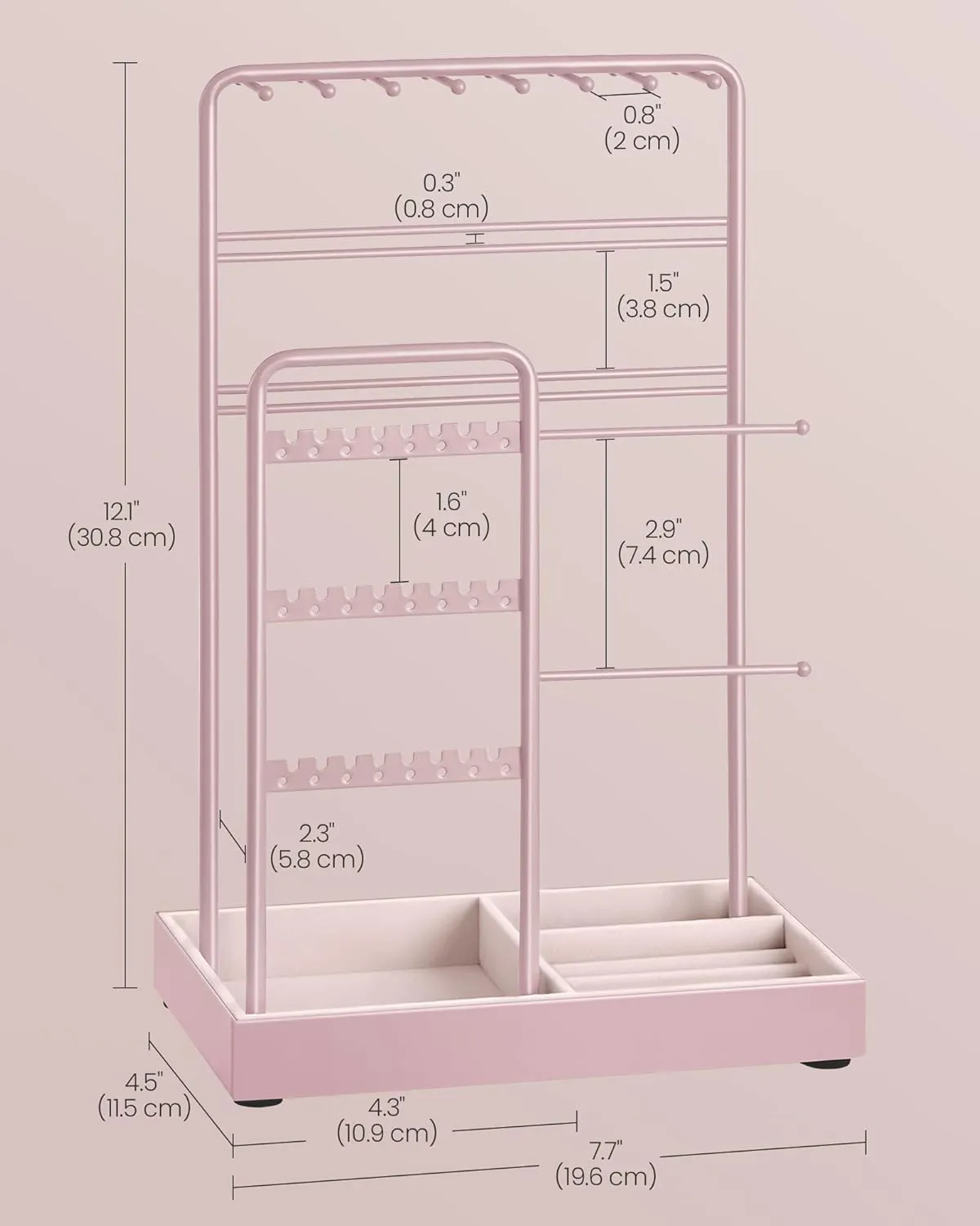SONGMICS Jewelry Holder, Jewelry Organizer, Jewelry Display Stand with Metal Frame, Velvet Tray, Necklace Earring Bracelet Holder, for Studs, Rings, Gift Idea, Jelly Pink UJJS021R01