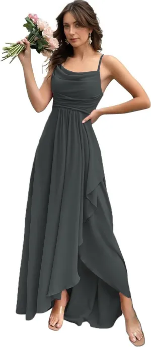 Spaghetti Strap Chiffon Bridesmaid Dress Long Cowl Neck Party Dresses A Line Ruffle Evening Gown with Slit ZX101