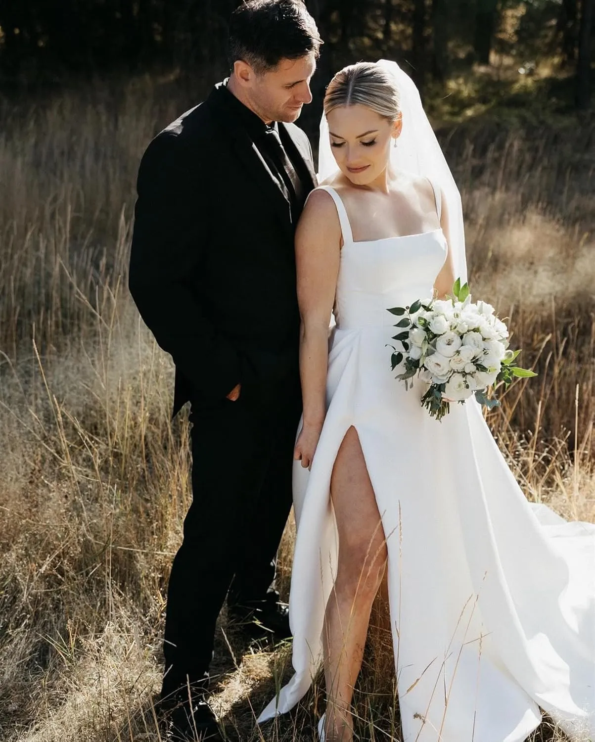 Square Neck Wedding Dresses for Bride A Line Satin Bridal Gowns Corset Formal Evening Dress with Slit