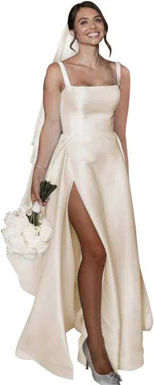 Square Neck Wedding Dresses for Bride A Line Satin Bridal Gowns Corset Formal Evening Dress with Slit
