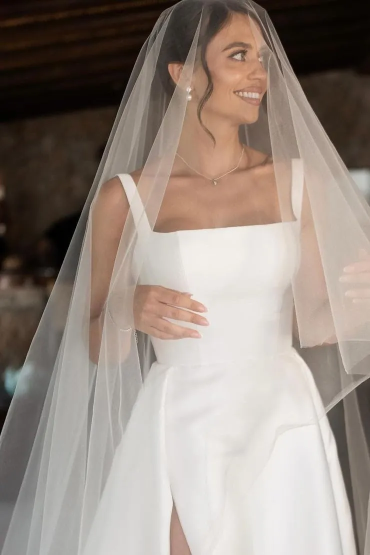 Square Neck Wedding Dresses for Bride A Line Satin Bridal Gowns Corset Formal Evening Dress with Slit