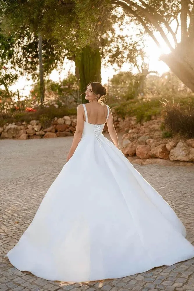 Square Neck Wedding Dresses for Bride A Line Satin Bridal Gowns Corset Formal Evening Dress with Slit