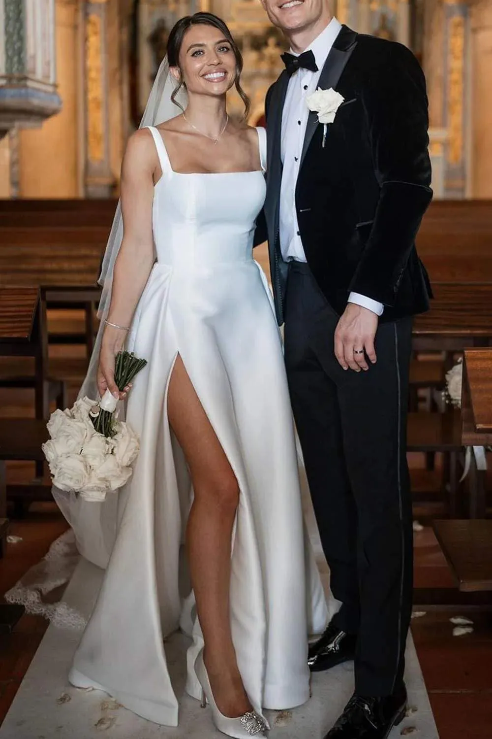 Square Neck Wedding Dresses for Bride A Line Satin Bridal Gowns Corset Formal Evening Dress with Slit