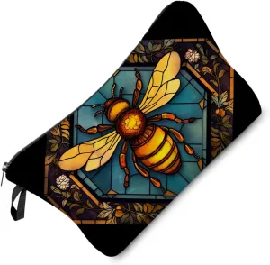 Stained Glass Bee Makeup Bag Colorful Bee Cute Small Organizer Bag Zipper Pouch Stained Glass Design Bee Cosmetic Bag Present for Women Friends