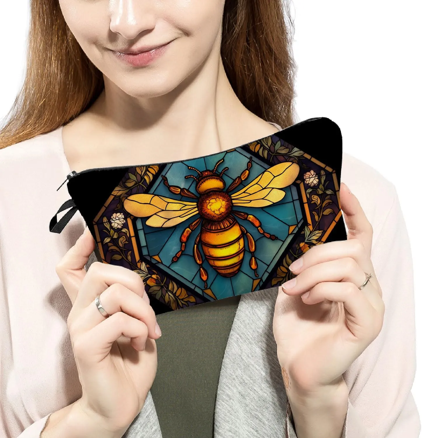 Stained Glass Bee Makeup Bag Colorful Bee Cute Small Organizer Bag Zipper Pouch Stained Glass Design Bee Cosmetic Bag Present for Women Friends