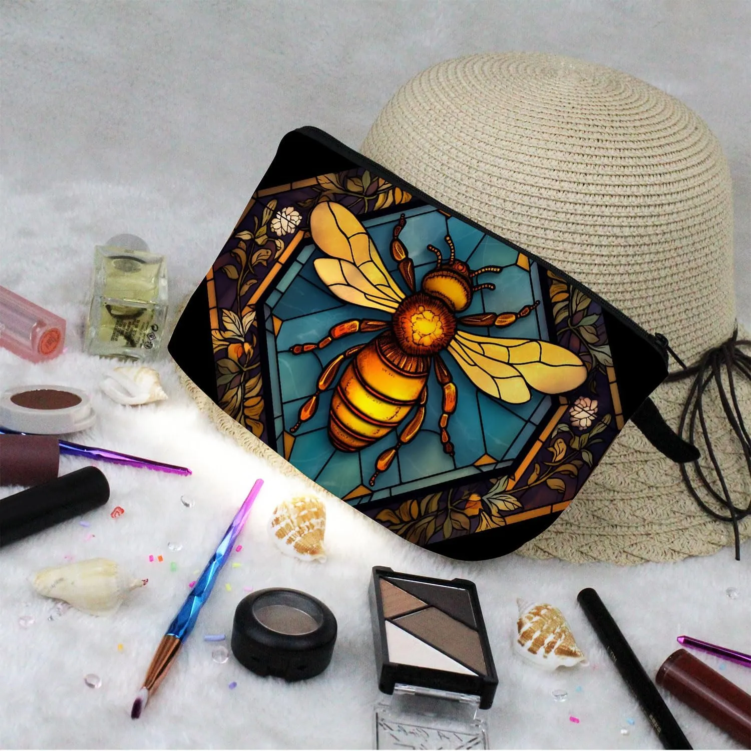Stained Glass Bee Makeup Bag Colorful Bee Cute Small Organizer Bag Zipper Pouch Stained Glass Design Bee Cosmetic Bag Present for Women Friends