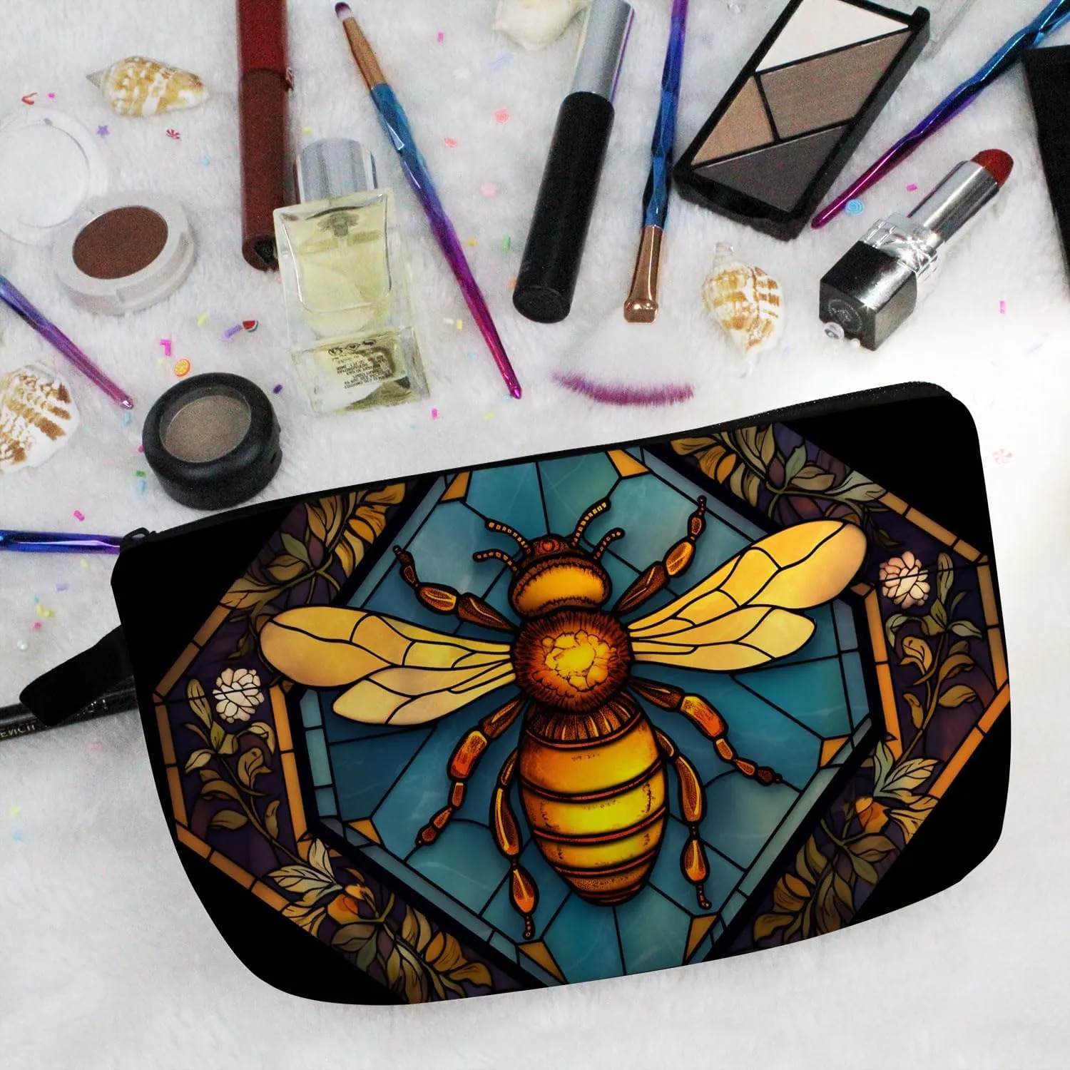 Stained Glass Bee Makeup Bag Colorful Bee Cute Small Organizer Bag Zipper Pouch Stained Glass Design Bee Cosmetic Bag Present for Women Friends