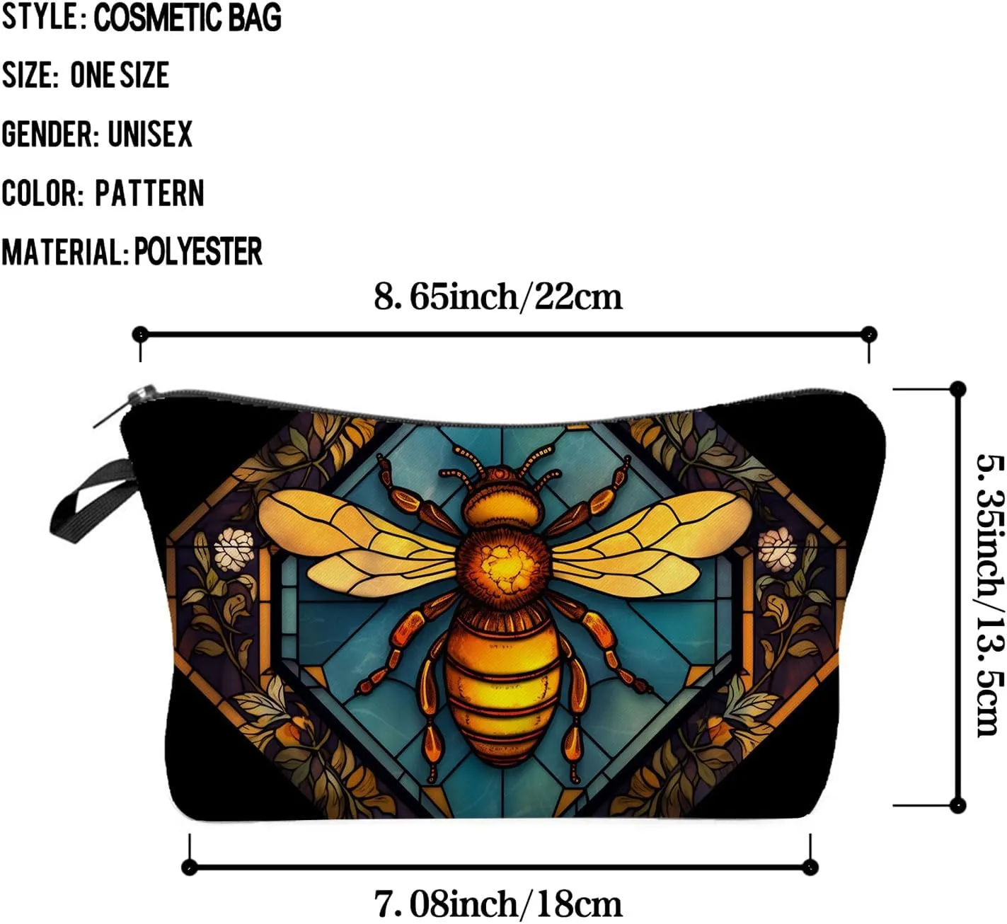 Stained Glass Bee Makeup Bag Colorful Bee Cute Small Organizer Bag Zipper Pouch Stained Glass Design Bee Cosmetic Bag Present for Women Friends