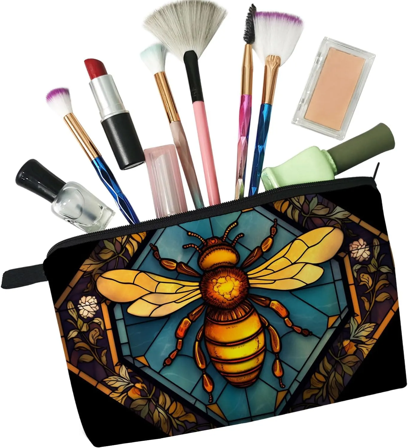 Stained Glass Bee Makeup Bag Colorful Bee Cute Small Organizer Bag Zipper Pouch Stained Glass Design Bee Cosmetic Bag Present for Women Friends