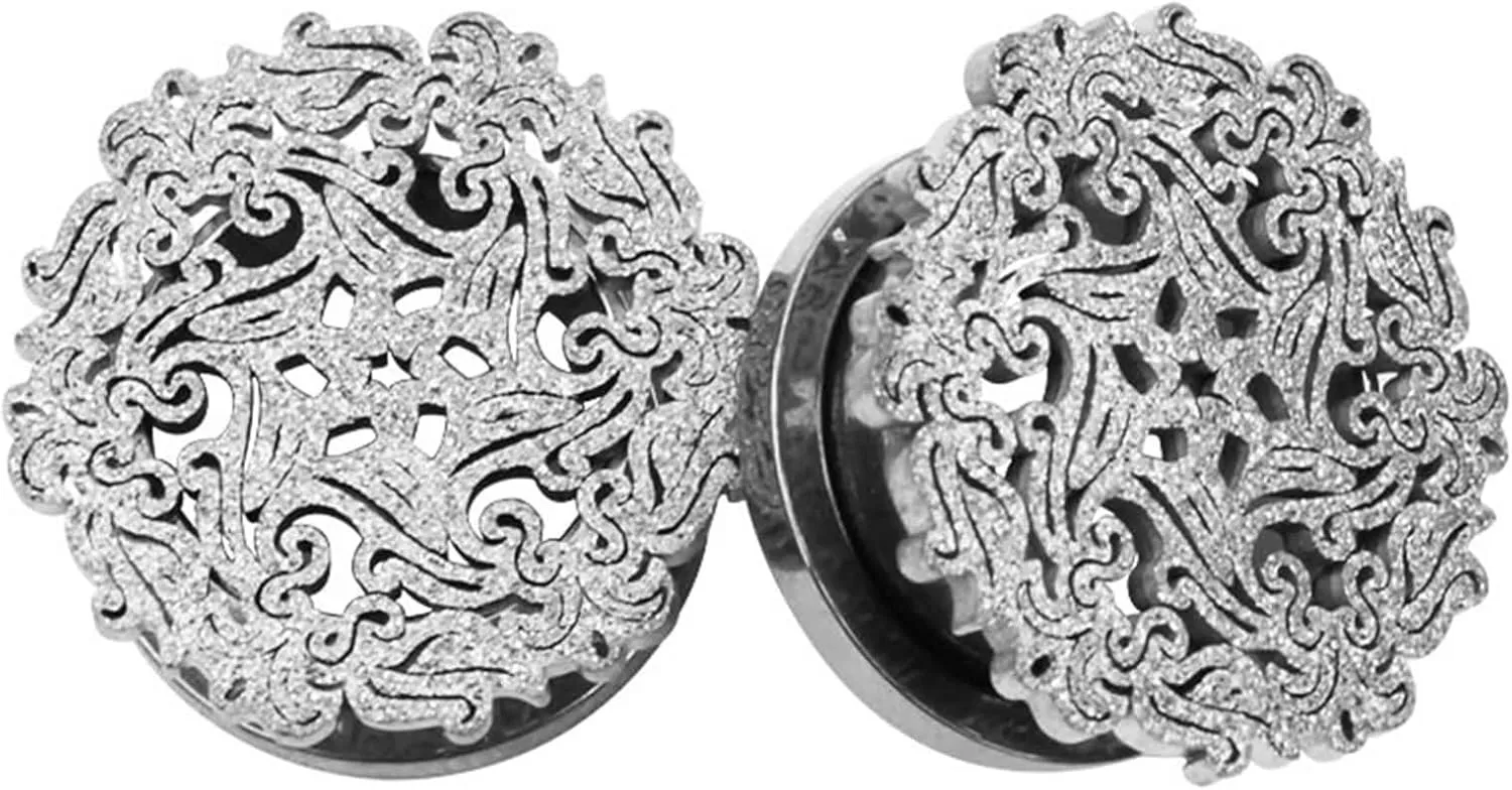 Stainless Steel Plugs for Men, Piercing Jewelry Round with Hollow Flower Plugs Ear Piercing Jewelry