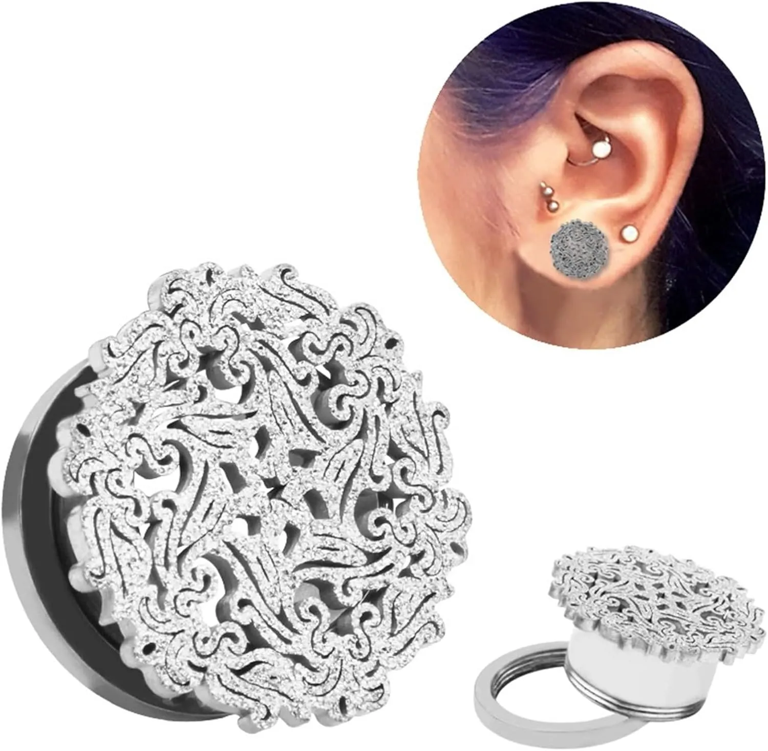 Stainless Steel Plugs for Men, Piercing Jewelry Round with Hollow Flower Plugs Ear Piercing Jewelry