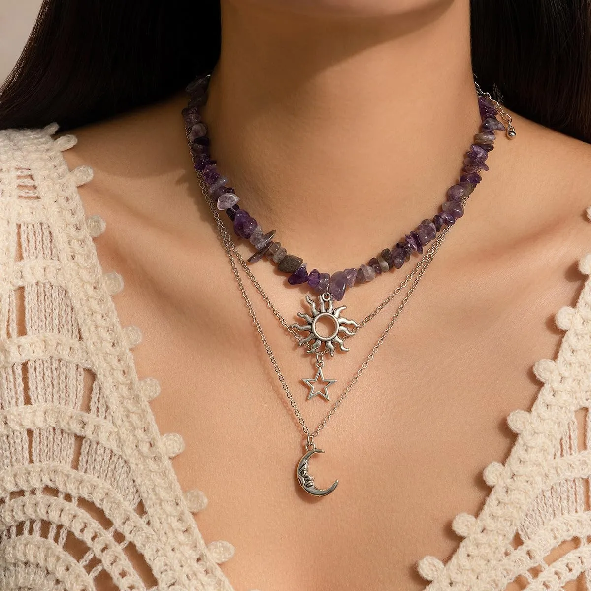Stone Necklace Layered Choker Necklace Boho Natural Stone Pendant Necklace for Women