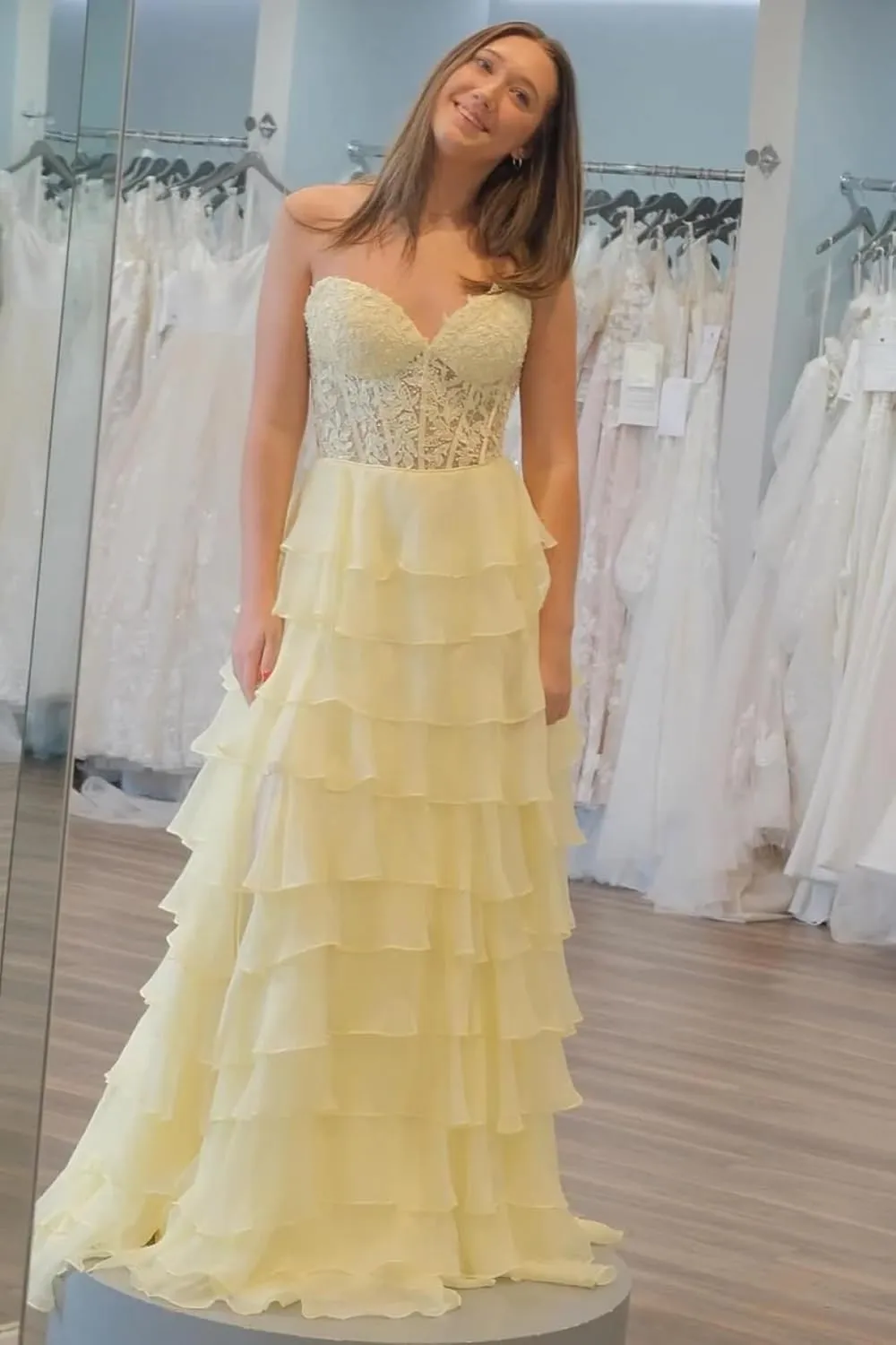 Strapless Layered Ruffles Chiffon Formal Prom Dresses Long A-Line Pleated Tube Evening Party Gown for Women