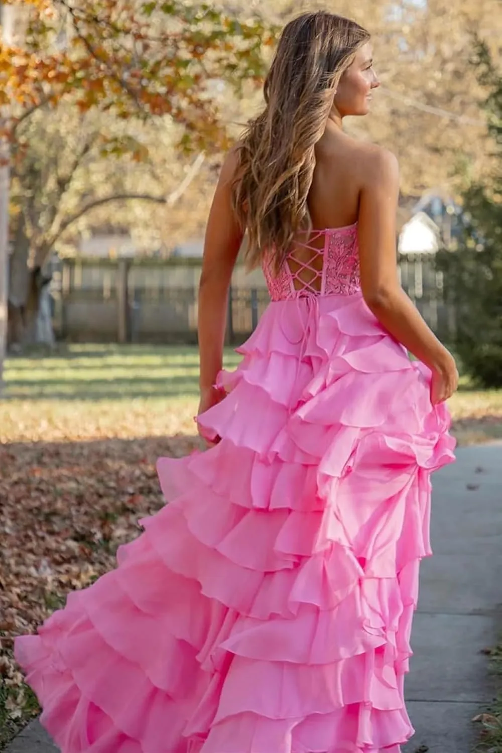Strapless Layered Ruffles Chiffon Formal Prom Dresses Long A-Line Pleated Tube Evening Party Gown for Women