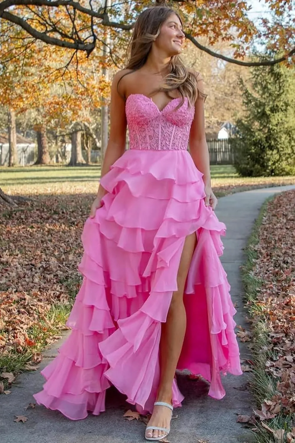 Strapless Layered Ruffles Chiffon Formal Prom Dresses Long A-Line Pleated Tube Evening Party Gown for Women