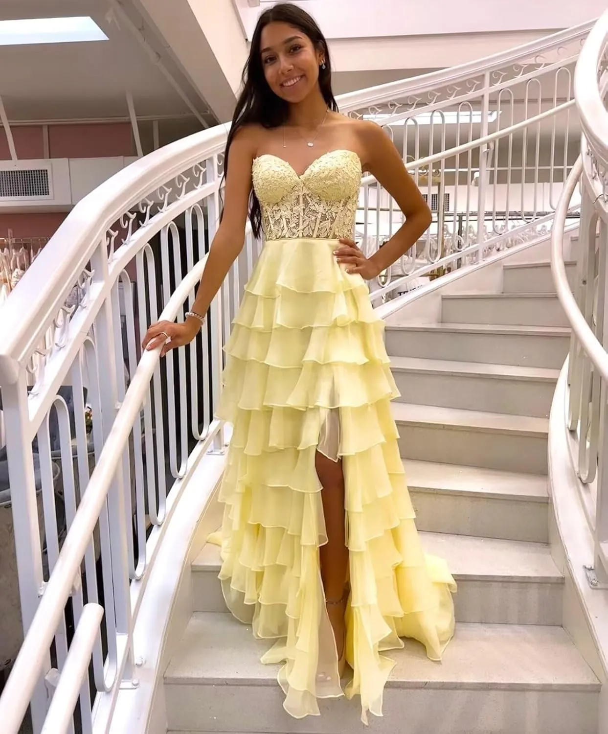 Strapless Layered Ruffles Chiffon Formal Prom Dresses Long A-Line Pleated Tube Evening Party Gown for Women