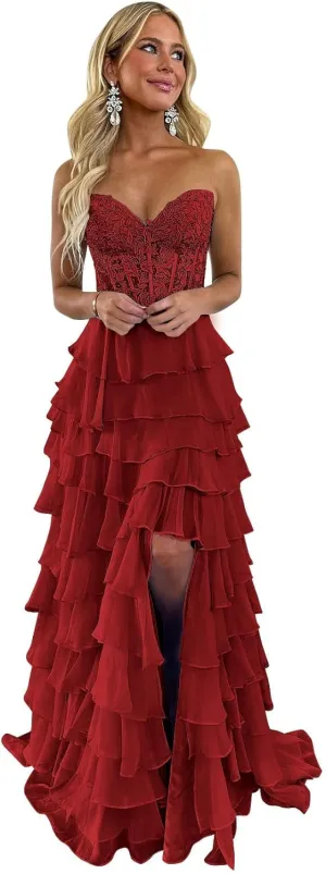 Strapless Layered Ruffles Chiffon Formal Prom Dresses Long A-Line Pleated Tube Evening Party Gown for Women