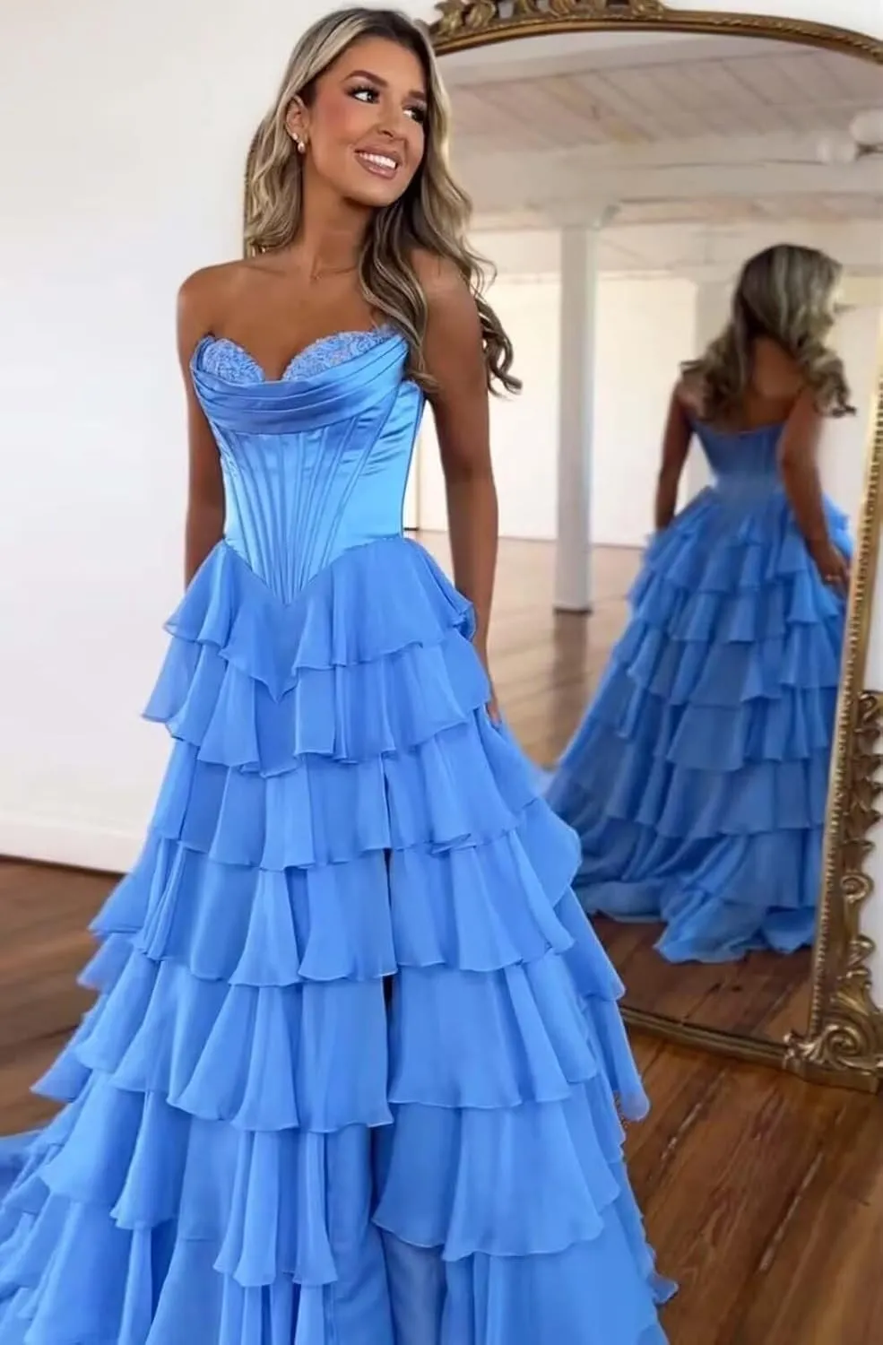 Strapless Prom Dresses for Women 2025 Formal Gowns with Slit Tiered Chiffon Corset Long Evening Party Dress