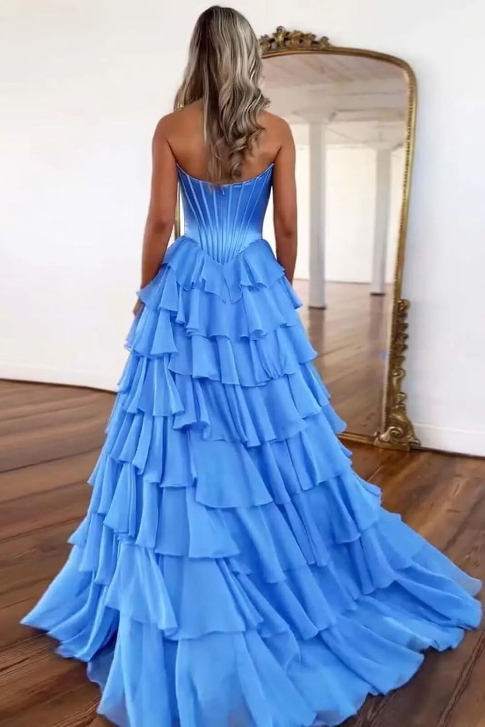 Strapless Prom Dresses for Women 2025 Formal Gowns with Slit Tiered Chiffon Corset Long Evening Party Dress