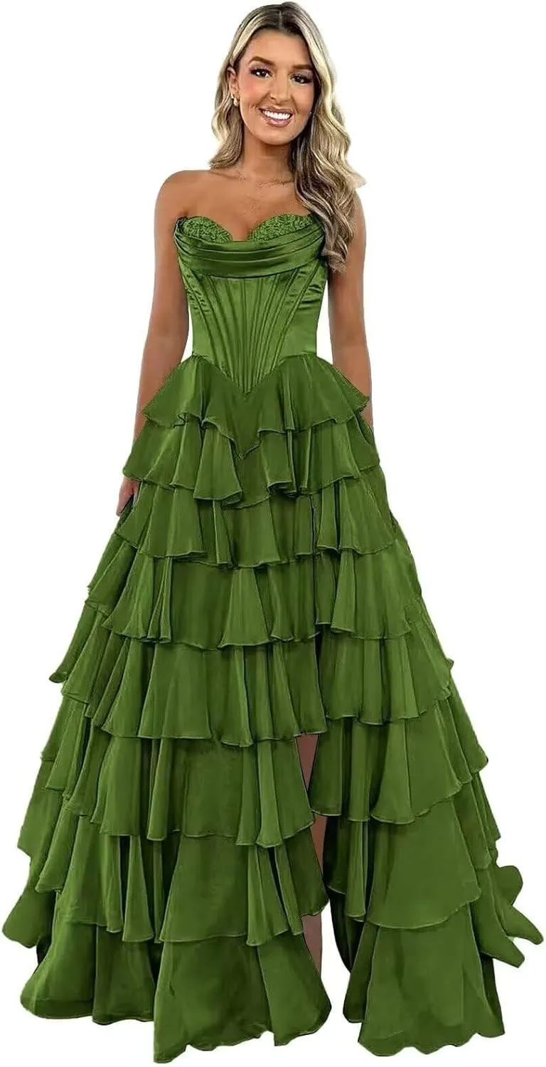 Strapless Prom Dresses for Women 2025 Formal Gowns with Slit Tiered Chiffon Corset Long Evening Party Dress