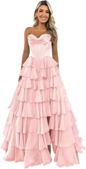 Strapless Prom Dresses for Women 2025 Formal Gowns with Slit Tiered Chiffon Corset Long Evening Party Dress