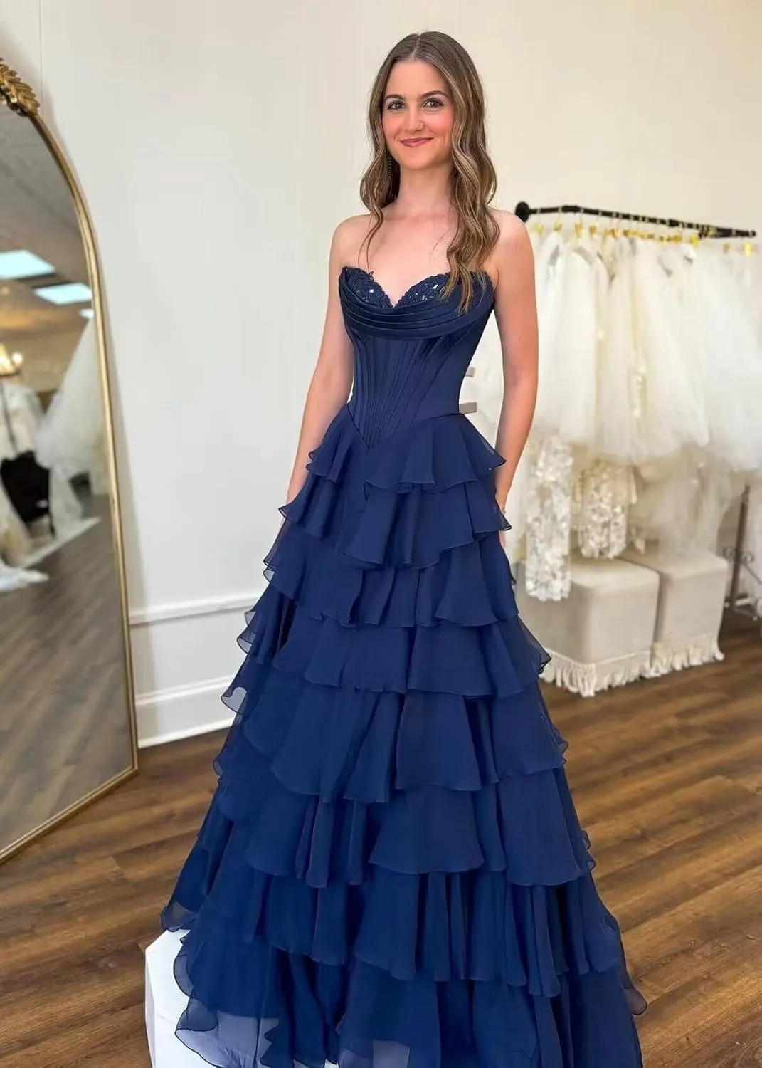 Strapless Prom Dresses for Women 2025 Formal Gowns with Slit Tiered Chiffon Corset Long Evening Party Dress