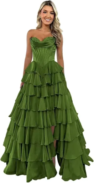 Strapless Prom Dresses for Women 2025 Formal Gowns with Slit Tiered Chiffon Corset Long Evening Party Dress