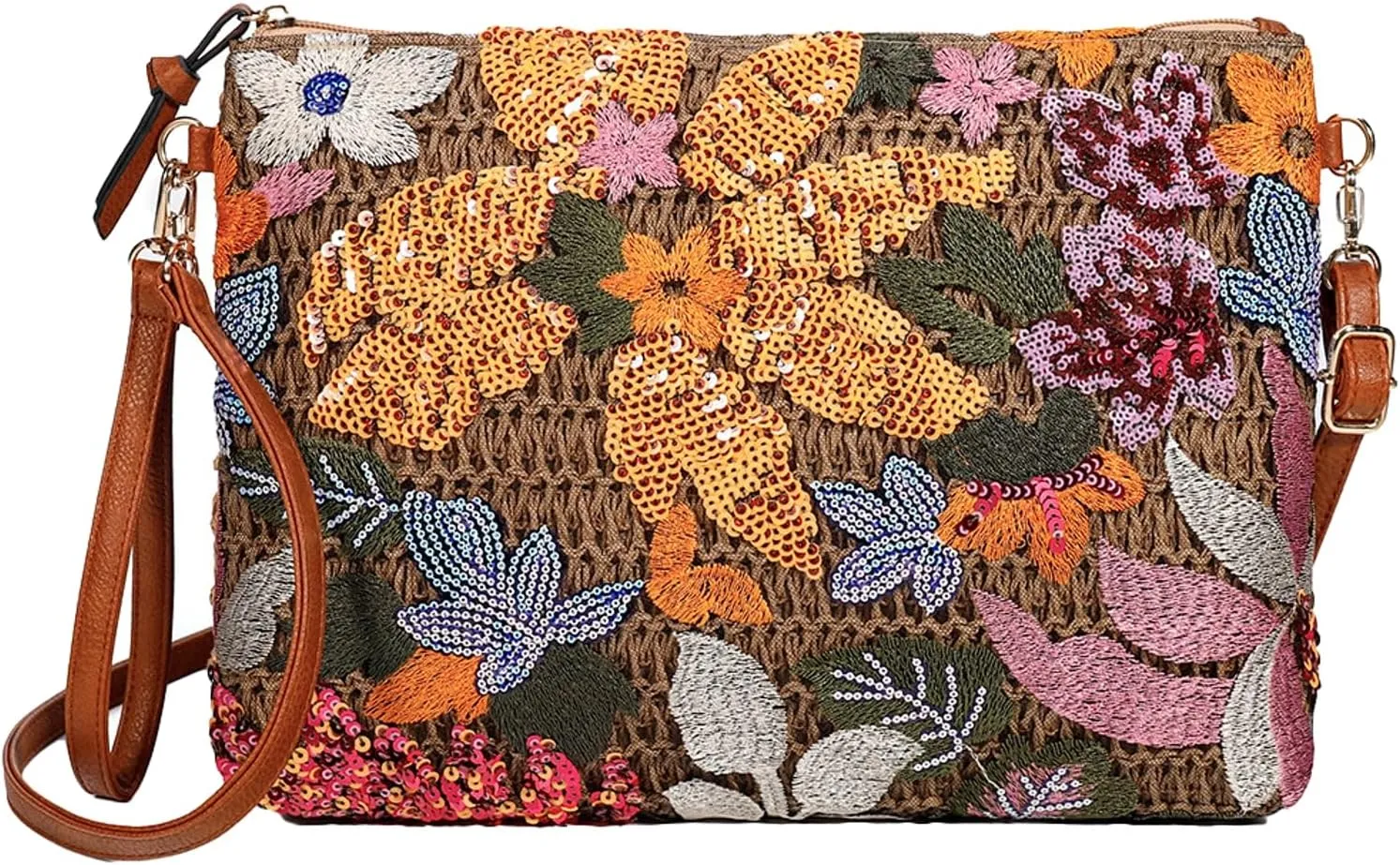 Straw Woven Evening Clutch Purses for Women Summer Sequin Embroidered Floral Crossbody Handbag Shoulder Satchel