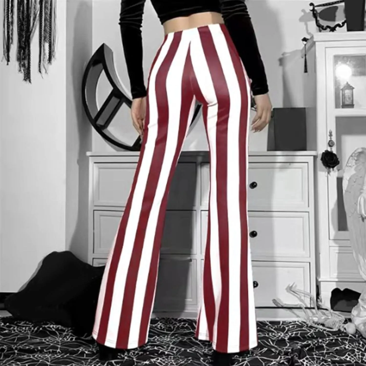 Stripe Vertical Bell High Flare Waist Women Long Pants Bottoms Trousers Stretch Plus Size Pants 7 Day Pants