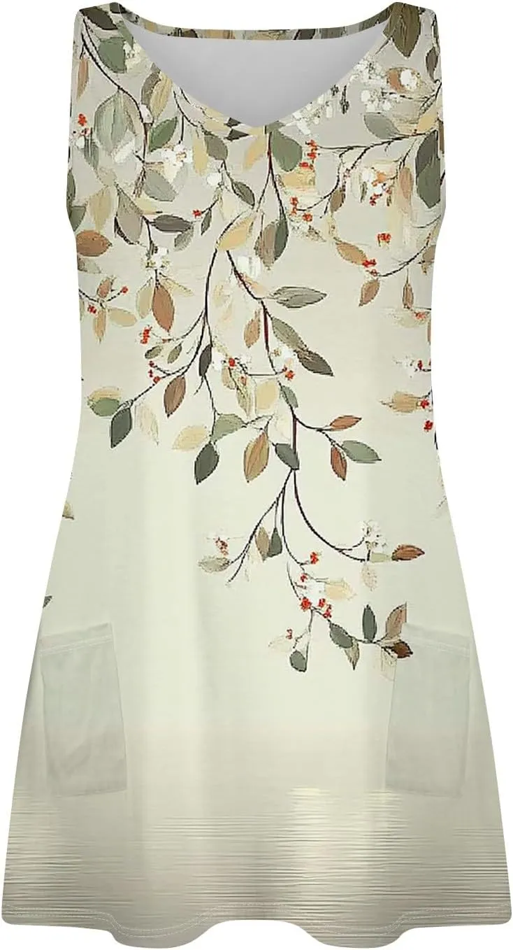 Summer Dress Summer Dresses for Women Beach Boho Sleeveless Vintage Floral Flowy Pocket Tshirt Tank Sundresses