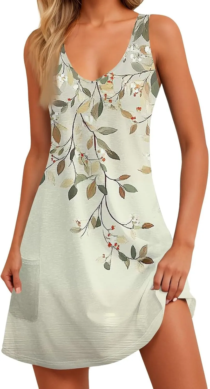 Summer Dress Summer Dresses for Women Beach Boho Sleeveless Vintage Floral Flowy Pocket Tshirt Tank Sundresses