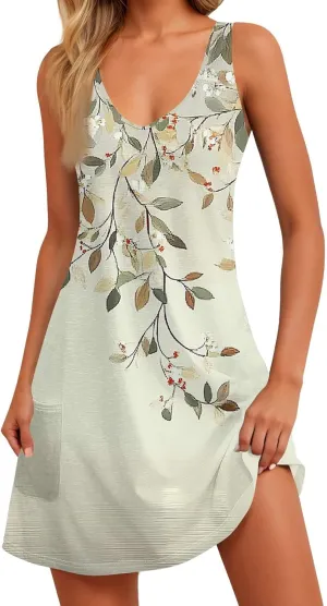 Summer Dress Summer Dresses for Women Beach Boho Sleeveless Vintage Floral Flowy Pocket Tshirt Tank Sundresses