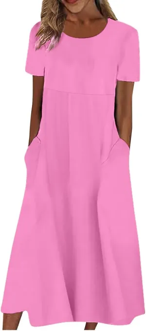 Summer Dresses for Women 2025 Casual Short Sleeve Scoop Neck Cozy Swing Beach Boho Tshirt Dress with Pockets